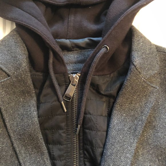 Calvin Klein Charcoal Wool Layered Hoodie Car Coat Overcoat Zip Closure - Picture 8 of 13